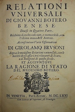 Giovanni Botero  Relationi universali di Giovanni Botero benese... 1671 Venetia per il Bertani
